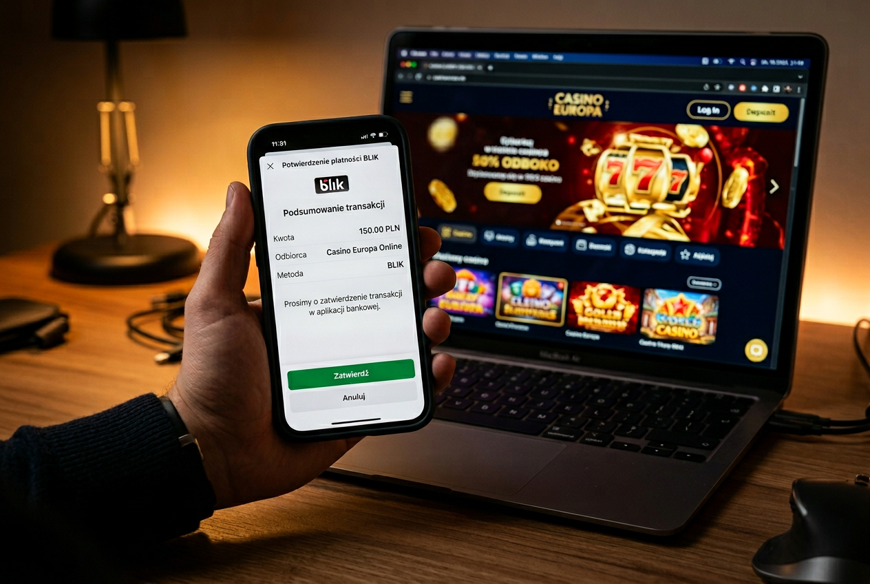 Osoba korzystająca z BLIK na smartfonie do zasilenia konta w kasynie internetowym