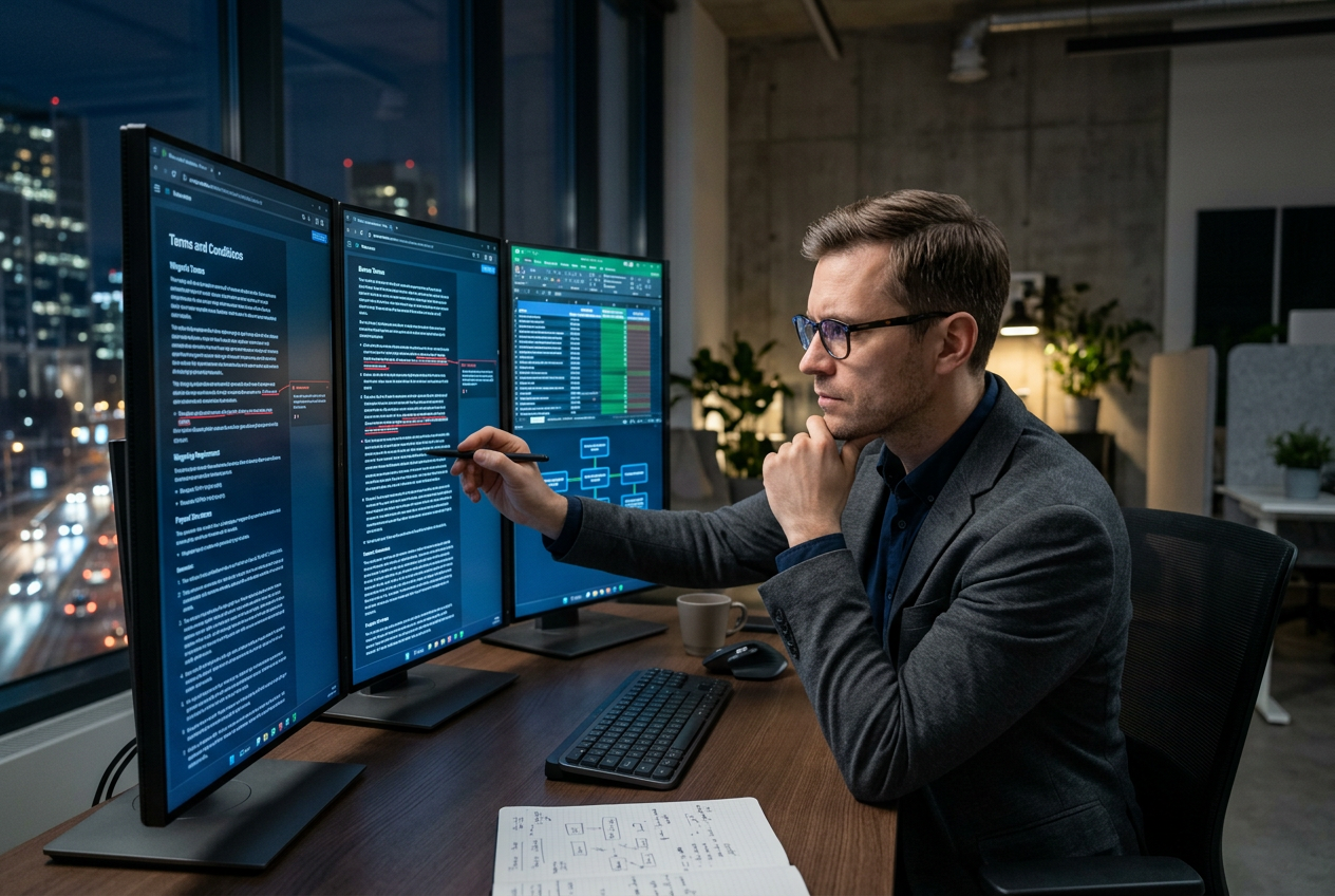 Ekspert iProtein analizujący regulamin kasyna na dwóch monitorach w profesjonalnym biurze