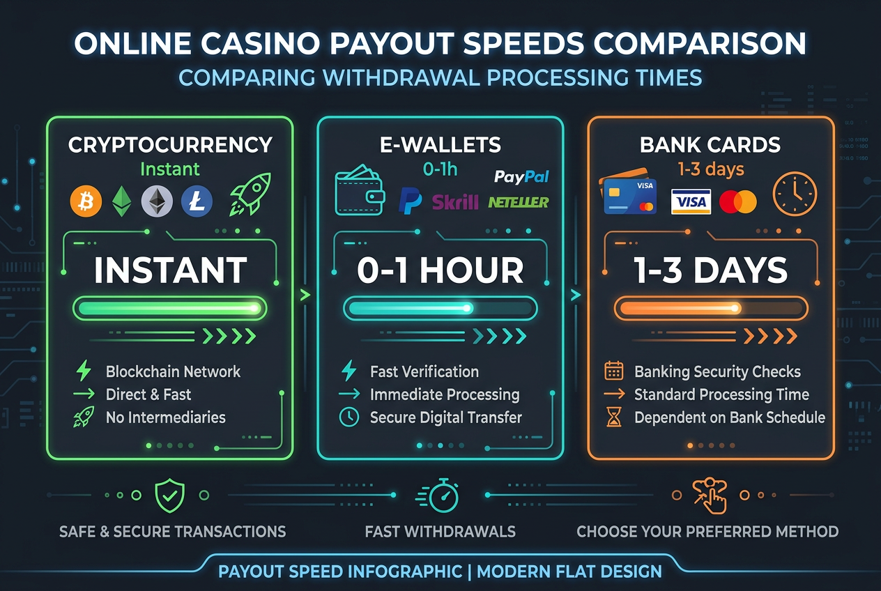 Infografika przedstawiająca czas wypłat w topowych kasynach online