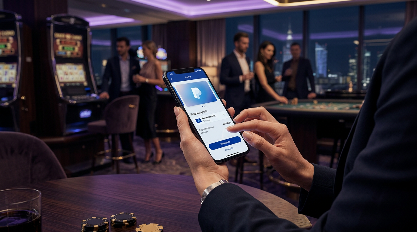 Interfejs płatności PayPal na smartfonie w luksusowym kasynie online.