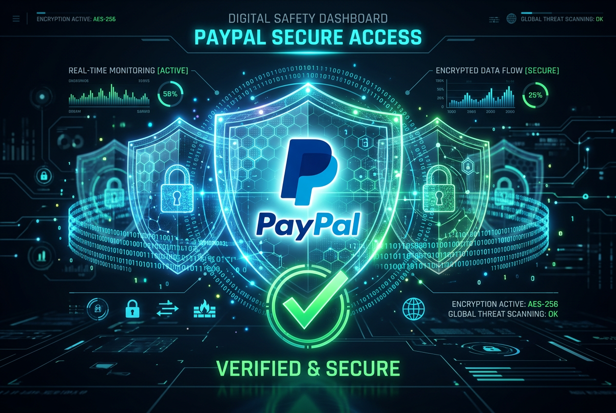Nowoczesny dashboard bezpieczeństwa PayPal z ikonami biometrii i tarczy