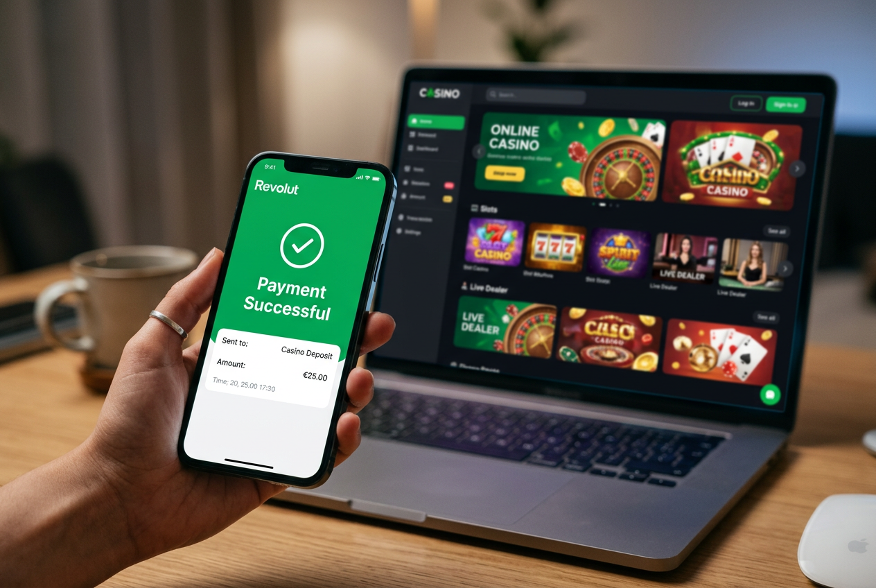 Modern smartphone displaying Revolut app next to a laptop with an online casino website interface
